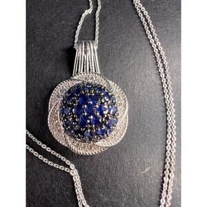 NEW blue sapphire and zircon pendant and chain in rhodium over sterling silver